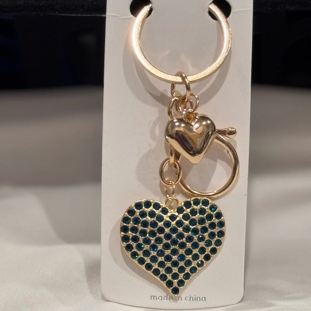 BAG CHARM Gold and Green Crystal Heart Keychain 3.5 inch
